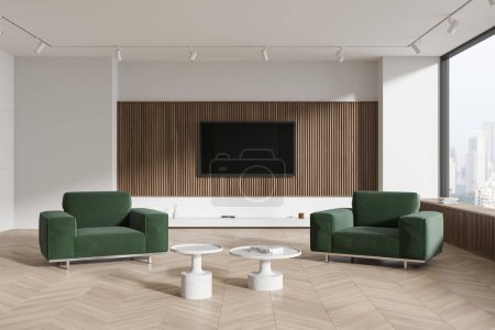 Foto de Interior de la moderna sala de estar con paredes blancas y de madera, suelo de madera, dos acogedores sillones verdes de pie cerca de mesas de café blancas y televisor en la pared. renderizado 3d - Imagen libre de derechos