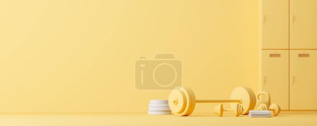 Photo for Barbell and dumbbells on the floor near gym lockers, empty copy space yellow background. Concept of fitness, bodybuilding and training. 3D rendering illustration - Royalty Free Image