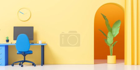 Foto de Interior de la oficina de dibujos animados con monitor de PC y escritorio azul, planta y cortina. Simular espacio de copia en blanco pared amarilla. Concepto de lugar de trabajo en casa y zona de trabajo acogedora. Ilustración de representación 3D - Imagen libre de derechos