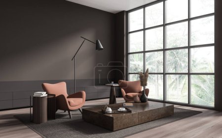 Foto de Esquina de la elegante sala de estar con paredes marrones, suelo de madera, dos cómodos sillones de melocotón de pie cerca de la mesa de café y ventana panorámica. renderizado 3d - Imagen libre de derechos