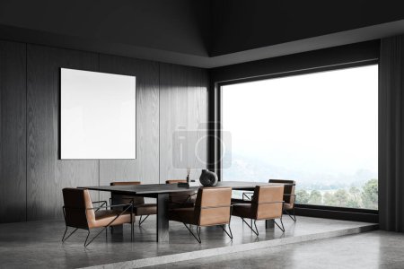 Photo for Corner view of dark home living room interior with dining table and chairs, grey concrete podium on floor. Panoramic window on countryside. Mock up blank poster on wall. 3D rendering - Royalty Free Image