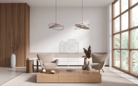 Foto de Interior de la moderna sala de estar con paredes blancas, suelo de hormigón, dos cómodos sillones beige de pie cerca de la mesa de café y ventana panorámica. renderizado 3d - Imagen libre de derechos