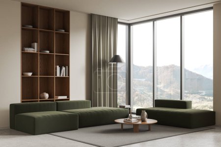 Téléchargez les photos : Vue en angle de la maison moderne salon intérieur avec canapé vert sur tapis. Étagère et table basse avec livres et décoration. Fenêtre panoramique sur campagne. rendu 3D - en image libre de droit