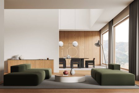 Photo for Interior of modern living room with white and wooden walls, wooden floor, two comfortable green sofas and dining room with long table in the background. 3d rendering - Royalty Free Image