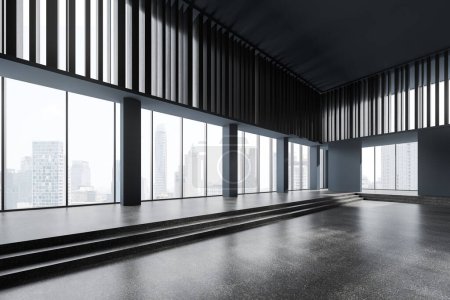 Photo for Corner of empty office lobby with gray and wooden walls, concrete floor and big panoramic windows with cityscape. 3d rendering - Royalty Free Image