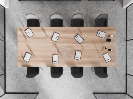 Photo for Top view of modern office meeting room with white walls, concrete floor and long conference table with gray chairs. 3d rendering - Royalty Free Image