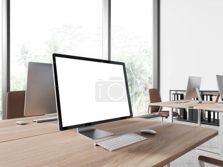 Téléchargez les photos : Intérieur d'espace de travail de bureau blanc et en bois avec écran d'ordinateur PC maquette, coin de coworking et buffet avec des dossiers. Fenêtre panoramique sur les tropiques. rendu 3D - en image libre de droit
