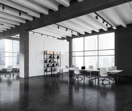Foto de Esquina de la elegante sala de reuniones con paredes grises y de madera, suelo de hormigón, mesa de conferencias larga con sillas blancas y librería con carpetas. renderizado 3d - Imagen libre de derechos