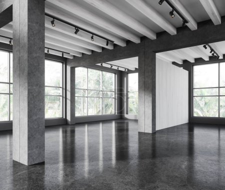 Téléchargez les photos : Intérieur moderne de bureau industriel vide avec sol en granit gris, grenier d'affaires avec colonnes et cloison. Fenêtre panoramique sur les tropiques. rendu 3D - en image libre de droit