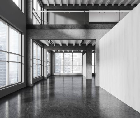 Foto de Interior de oficina vacío industrial elegante oscuro con piso de hormigón gris, loft de negocios de dos pisos con partición. Ventana panorámica de los rascacielos de Singapur. Renderizado 3D - Imagen libre de derechos