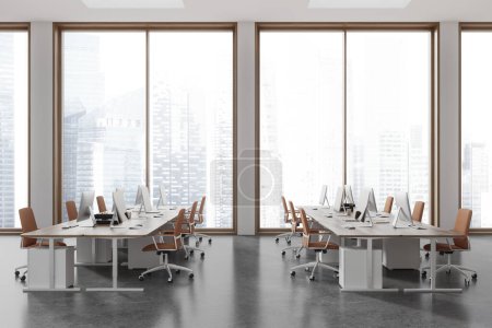 Photo for White business interior with chairs and pc computers in row, grey concrete floor. Modern corporate coworking space with panoramic window on Singapore skyscrapers. 3D rendering - Royalty Free Image
