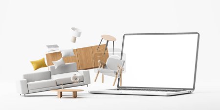 Photo for Mockup blank laptop display and flying home furniture, sofa, drawer and decoration. Concept of website, courier delivery service company or house renovation. 3D rendering illustration - Royalty Free Image