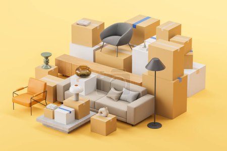 Photo for Top view of home furniture with cardboard boxes. Sofa, armchair and decoration on yellow background. Concept of moving house, courier company and delivery. 3D rendering illustration - Royalty Free Image
