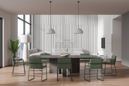 Photo for Stylish home living room interior with sofa and tv display, eating table with green chairs on hardwood floor. Panoramic window on Bangkok skyscrapers. 3D rendering - Royalty Free Image