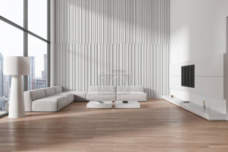 Foto de Interior de la moderna sala de estar con paredes blancas, suelo de madera, dos acogedores sofás blancos de pie cerca de la mesa de café y televisor en la pared. renderizado 3d - Imagen libre de derechos