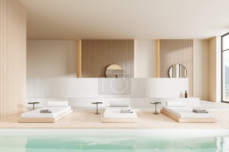 Photo for Cozy spa interior with loungers in row near swimming pool, partition and mirrors. Stylish hotel resort and panoramic window on countryside. 3D rendering - Royalty Free Image