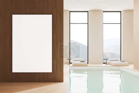 Photo for Cozy spa interior with loungers in row, swimming pool and panoramic window on countryside. Stylish hotel resort with minimalist furniture. Mockup copy space canvas poster. 3D rendering - Royalty Free Image