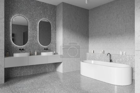 Téléchargez les photos : Vue d'angle de l'intérieur de la salle de bain à domicile avec double lavabo et miroir, vue latérale baignoire blanche et cosmétiques sur étagère. Espace de baignade dans un appartement moderne. rendu 3D - en image libre de droit
