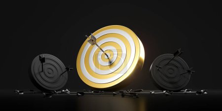 Photo for Arrow hit the center of a golden dartboard, leadership and competition. Concept of goal, attempts, failed tries and success. 3D rendering illustration - Royalty Free Image
