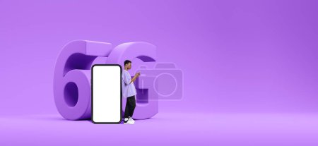 Photo for Black young man typing in smartphone, large mockup phone screen and big 6G symbol on copy space purple background. Concept of futuristic internet connection and mobile app - Royalty Free Image
