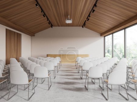 Photo for Interior of modern lecture hall with white walls, concrete floor, rows of white chairs and wooden lecturers table. 3d rendering - Royalty Free Image