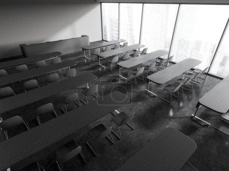Photo for Top view of stylish college classroom interior with gray walls, concrete floor, rows of long tables and gray chairs. 3d rendering - Royalty Free Image
