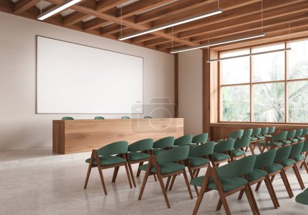 Photo for Beige and wooden auditorium interior with desk and chairs in row, side view panoramic window on tropics. Conference, interview or meeting corner with mockup blank whiteboard. 3D rendering - Royalty Free Image