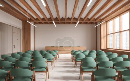Téléchargez les photos : Intérieur de la salle de conférence moderne avec murs blancs, sol en béton, rangées de chaises étudiantes vertes et table de conférenciers en bois. Rendu 3d - en image libre de droit