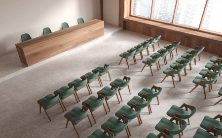 Photo for Top view of stylish auditorium interior with desk and chairs in row, panoramic window on skyscrapers. Meeting or press conference room with seats for guests. 3D rendering - Royalty Free Image