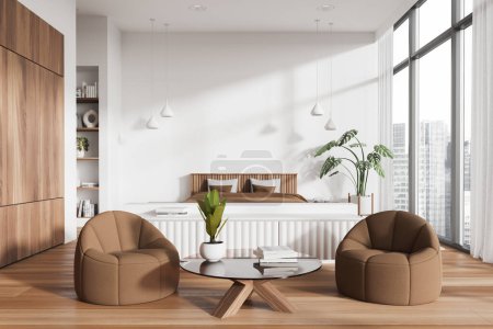 Photo for White home bedroom interior with bed and soft armchairs, coffee table with decoration on hardwood floor. Sleep and chill area with panoramic window on skyscrapers. 3D rendering - Royalty Free Image