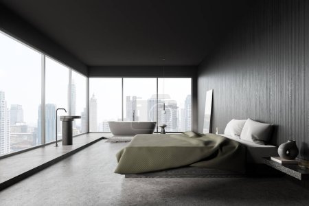 Photo for Dark home studio interior with bedroom and bathroom, bed with decoration and bathtub with sink and mirror. Open space relax and spa zone with panoramic window on Bangkok skyscrapers. 3D rendering - Royalty Free Image