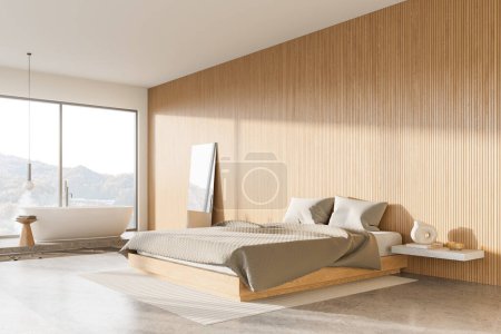 Photo for Corner view of hotel studio interior with bedroom and bathroom, bed with decoration and bathtub with mirror. Open space chill and bath corner with panoramic window on countryside. 3D rendering - Royalty Free Image