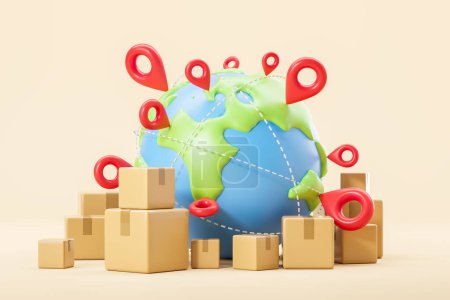 Photo for Cartoon earth sphere with red geo tags, carton parcels for tracking or shipping. Concept of worldwide delivery, company service and logistics. 3D rendering illustration - Royalty Free Image