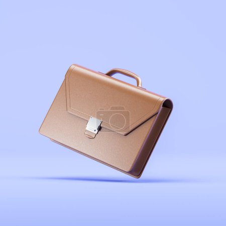 Photo for Classic brown briefcase floating on blue background. Concept of businessman, luxury accessories, business travel, management and occupation. 3D rendering illustration - Royalty Free Image
