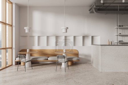 Téléchargez les photos : Intérieur de cafétéria beige avec chaises et table en rangée, comptoir de bar avec étagère et vaisselle. Restaurant minimaliste moderne avec fenêtre panoramique sur les gratte-ciel. rendu 3D - en image libre de droit