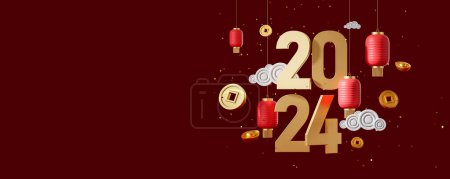 Téléchargez les photos : Modèle de carte postale de célébration du Nouvel An chinois avec espace de copie, 2024, lanternes rouges et pièces et numéros de qian d'or, fond rouge foncé. 3d rendu, illustration - en image libre de droit