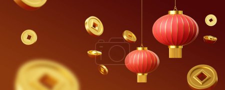 Foto de Dos linternas asiáticas rojas que cuelgan sobre un fondo de gran formato, cayendo monedas de gran suerte. Concepto de vacaciones chinas o japonesas, finanzas o símbolo tradicional. Ilustración de representación 3D - Imagen libre de derechos