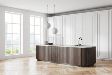Photo for Corner view of luxury classic home kitchen interior with bar island, sink and dishes. Cooking corner in stylish apartment with panoramic window on Bangkok skyscrapers. 3D rendering - Royalty Free Image