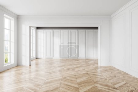 Foto de Moderno blanco clásico interior de la habitación vacía con suelo de madera, sala de estar o espacio de cocina con pared de moldeo y ventana panorámica en los rascacielos de Bangkok. Sin muebles, sin gente. Renderizado 3D - Imagen libre de derechos