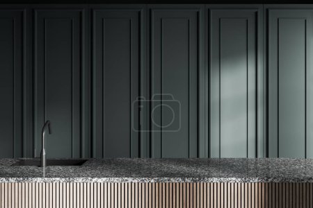 Téléchargez les photos : Intérieur d'une cuisine élégante avec des murs vert foncé et confortable île brune et grise avec évier intégré. Rendu 3d - en image libre de droit