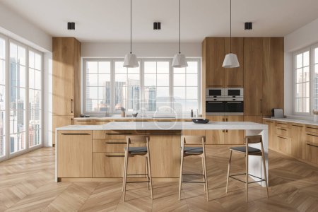 Photo for Modern home kitchen interior with bar island and stool, hardwood floor. Elegant cooking space with shelves and kitchenware. Panoramic window on Kuala Lumpur skyscrapers. 3D rendering - Royalty Free Image