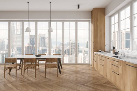 Photo for White and wooden home kitchen interior with dining table and chairs, hardwood floor. Minimalist cooking space with cabinet, panoramic window on Kuala Lumpur skyscrapers. 3D rendering - Royalty Free Image