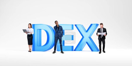 Photo for Group of diverse business people standing near big DEX sign over white background. Concept of cryptocurrency and decentralized exchange, blockchain - Royalty Free Image