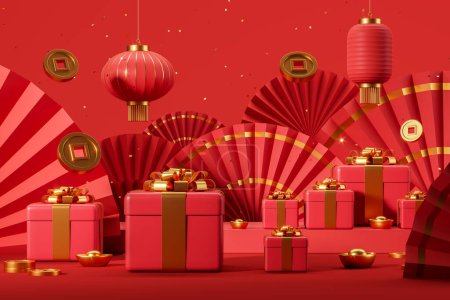 Téléchargez les photos : Coffrets cadeaux rouges avec rubans dorés sur le sol entouré de fans chinois, lanternes et qians. Concept de célébration du Nouvel An chinois. 3d rendu, illustration. - en image libre de droit