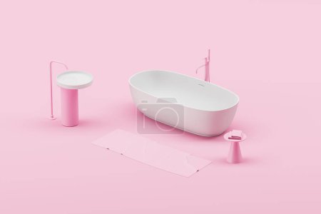 Téléchargez les photos : Vue de dessus de l'intérieur de la salle de bain de l'hôtel rose avec baignoire blanche et lavabo avec mélangeur monté. Espace de bain avec table d'appoint et serviette. Illustration de rendu 3D - en image libre de droit