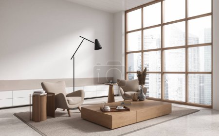 Foto de Esquina de la moderna sala de estar con paredes blancas, suelo de hormigón, dos cómodos sillones beige de pie cerca de la mesa de café y ventana panorámica. renderizado 3d - Imagen libre de derechos