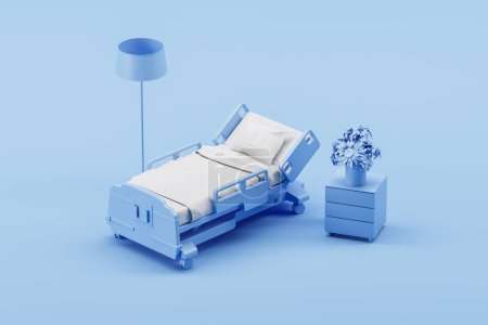 Téléchargez les photos : Vue du dessus du lit intérieur bleu de la chambre d'hôpital et des fleurs sur le tiroir, lampe sur le sol. Coin de traitement médical confortable. Illustration de rendu 3D - en image libre de droit