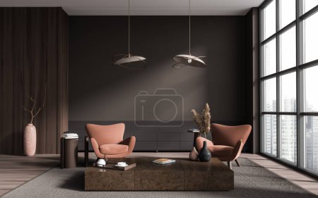 Foto de Interior de la elegante sala de estar con paredes marrones, suelo de madera, dos cómodos sillones de melocotón de pie cerca de la mesa de café y ventana panorámica. renderizado 3d - Imagen libre de derechos