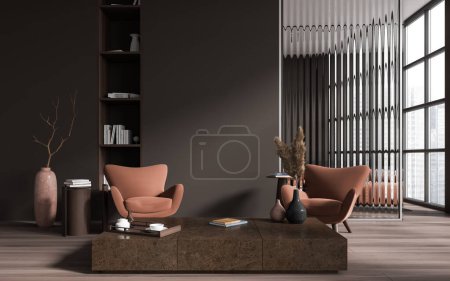 Téléchargez les photos : Luxe brun salon intérieur avec deux fauteuils, table basse en granit et étagère avec décoration. Zone salon, cloison vitrée et fenêtre panoramique sur les gratte-ciel. rendu 3D - en image libre de droit