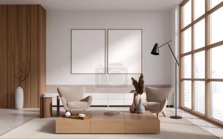 Foto de Interior de la moderna sala de estar con paredes blancas, suelo de hormigón, dos cómodos sillones beige de pie cerca de la mesa de café y ventana panorámica. Dos carteles simulados. renderizado 3d - Imagen libre de derechos